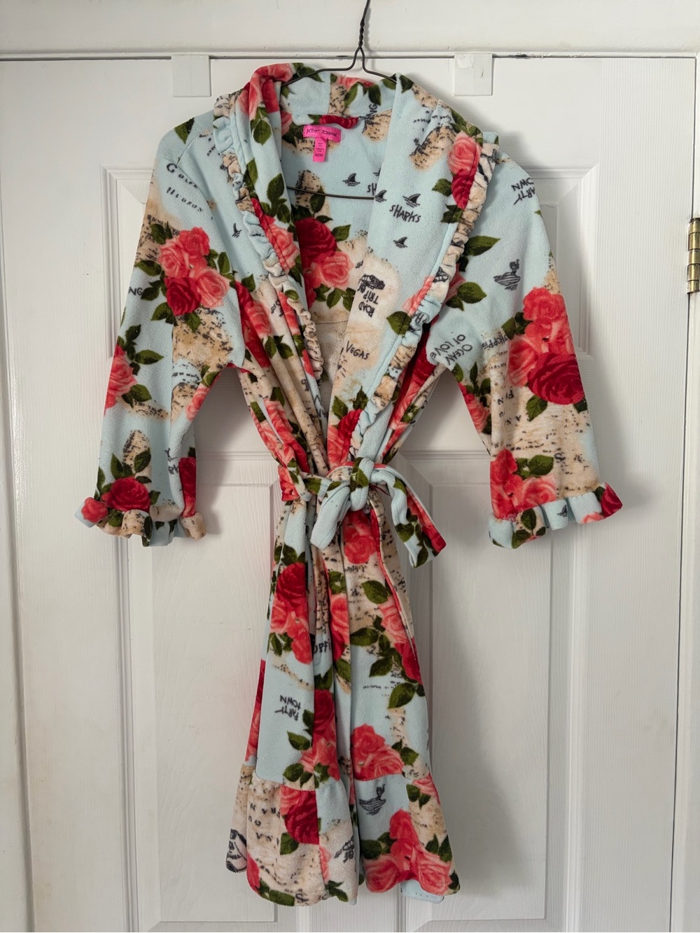 Betsey Johnson Blue Vegas Wedding Honeymoon Floral Ruffle Robe 3/4 Sleeve size M